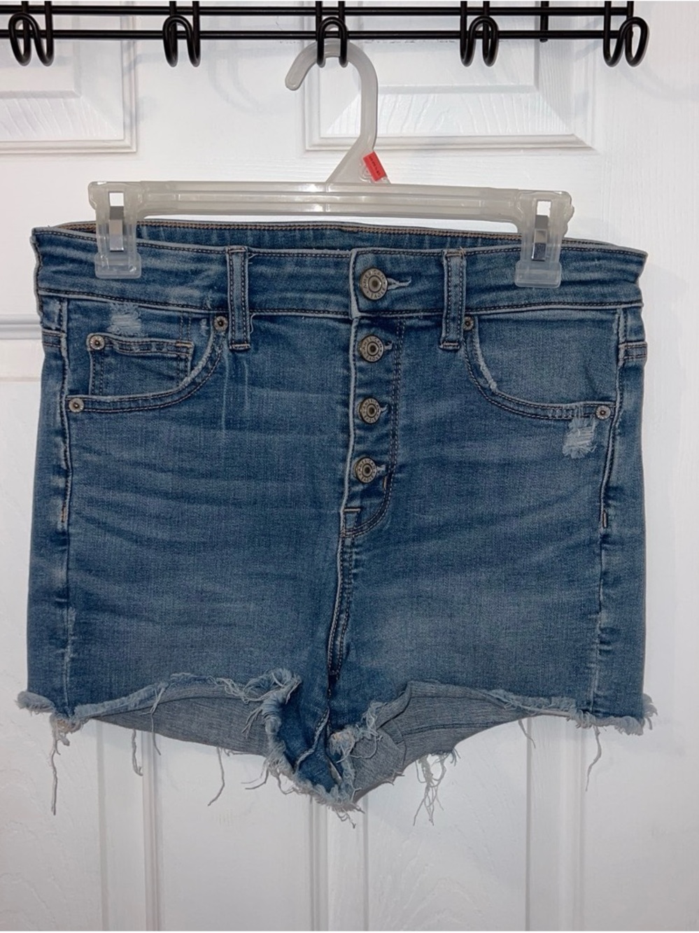 American Eagle Outfitters Distressed Button-Fly Denim Shorts - Blue